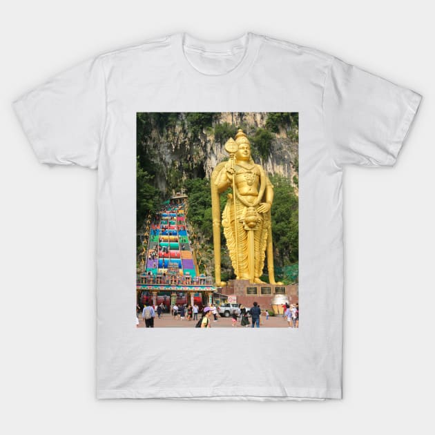 Lord Murugan with prayer wheels and stairs at Batu Caves T-Shirt by kall3bu
